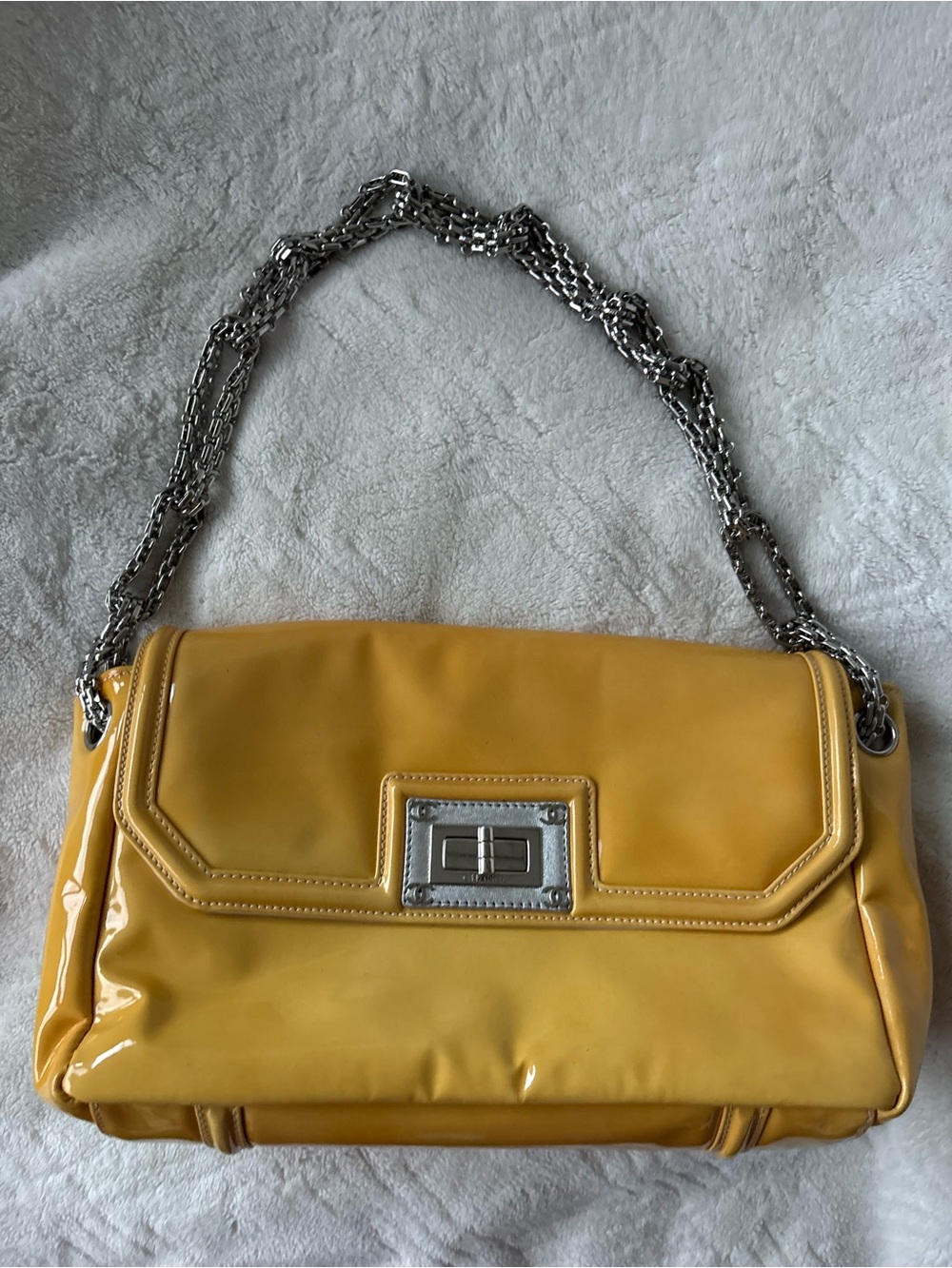 Chanel Mademoiselle Yellow Patent Shoulder Bag with Silver Chain